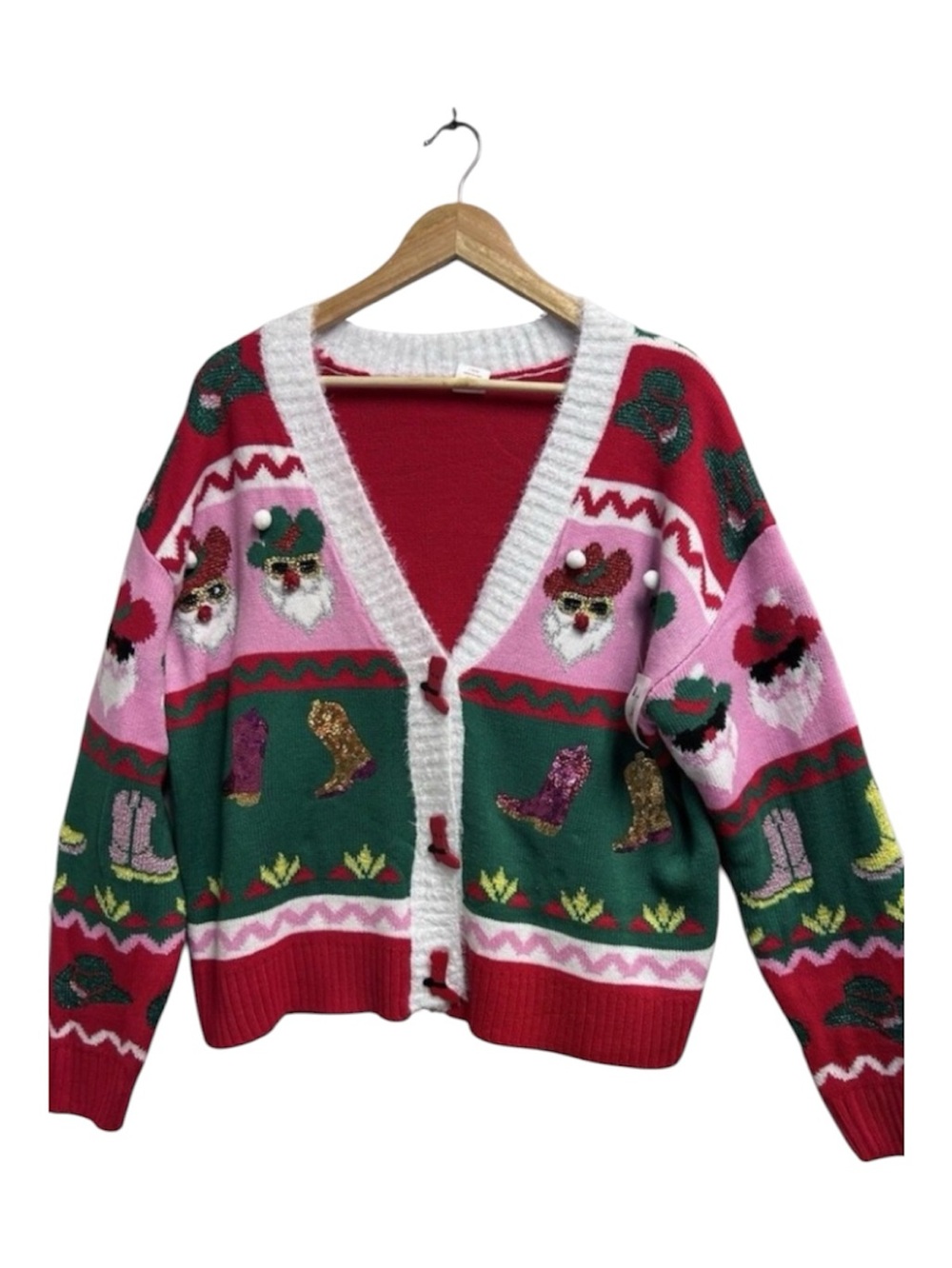 Holiday Time Cowboy Santa Western Christmas Cardigan Sweater Size M